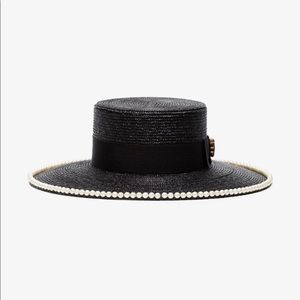 GUCCIBlack Pearl Embellished Straw Hat